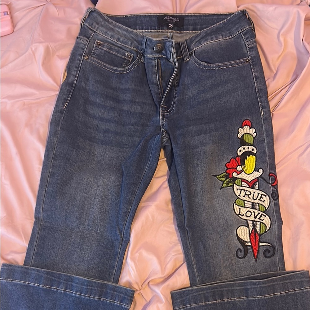 Ed Hardy Blue and Red Straight Leg Jeans with Tattoo Design